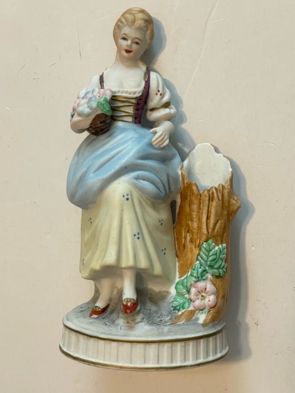 Porcelain Figurine Woman with Basket and Floral Stump + small vase